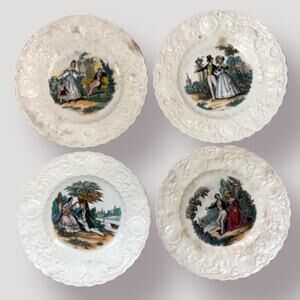 Antique ADAMS English China COURTING COUPLE PLATE Will You Be Mine ~ Set of 4